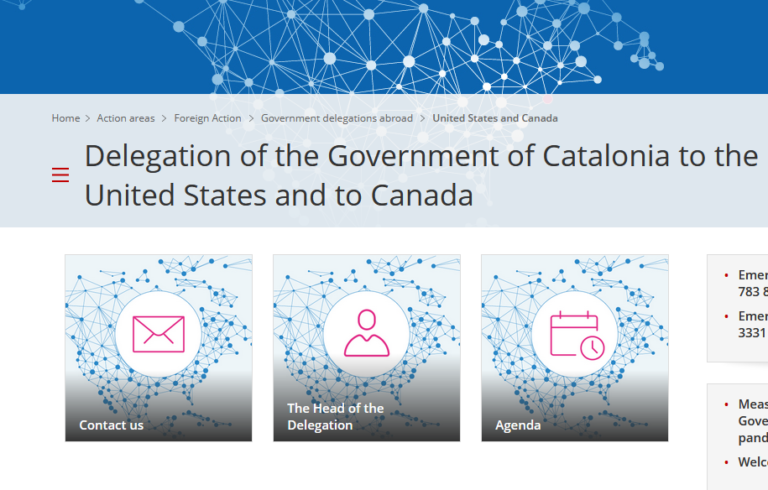 Where to follow the activities of the Government of Catalonia to the United States and Canada?
